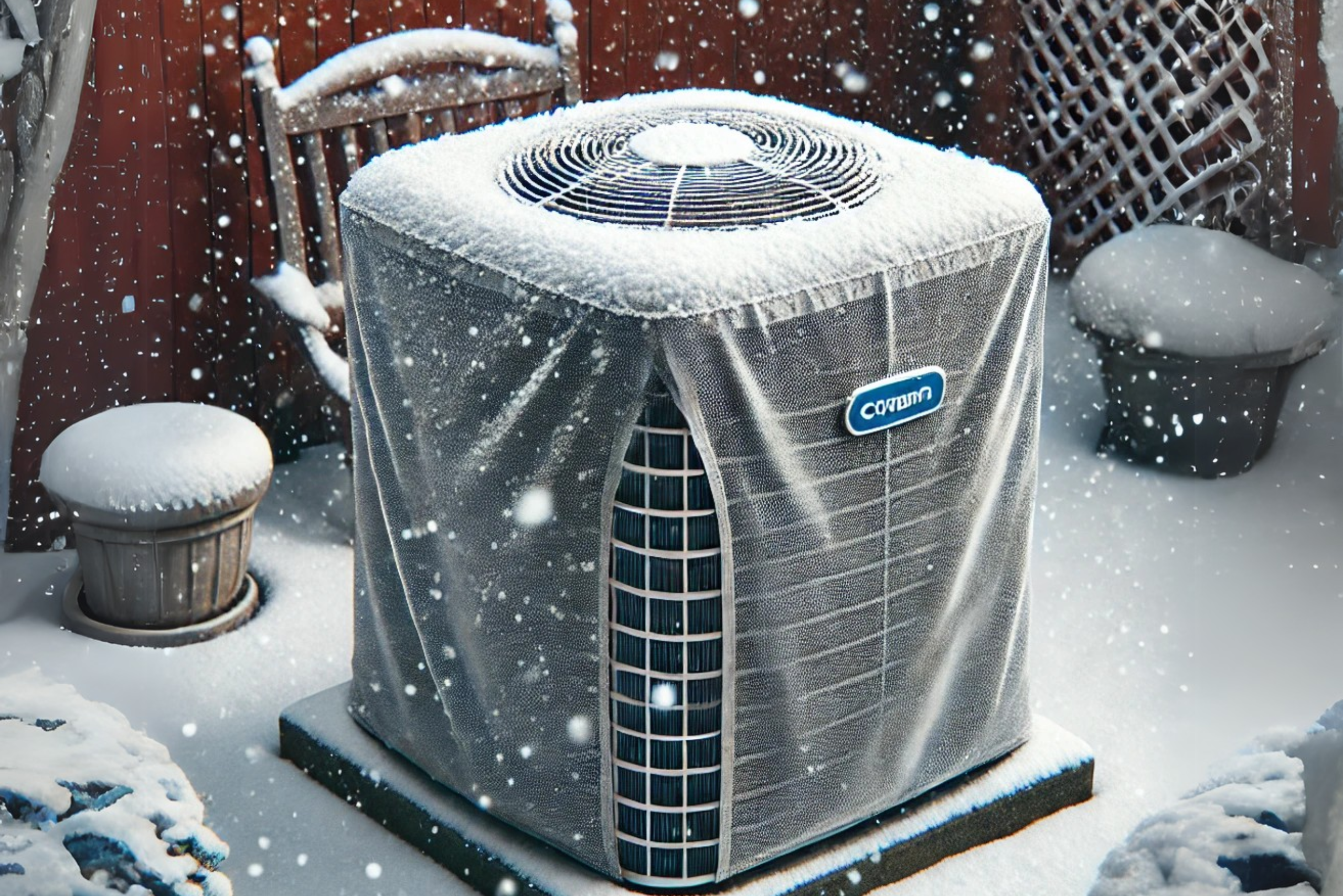 A/C unit in snow with grey cover.