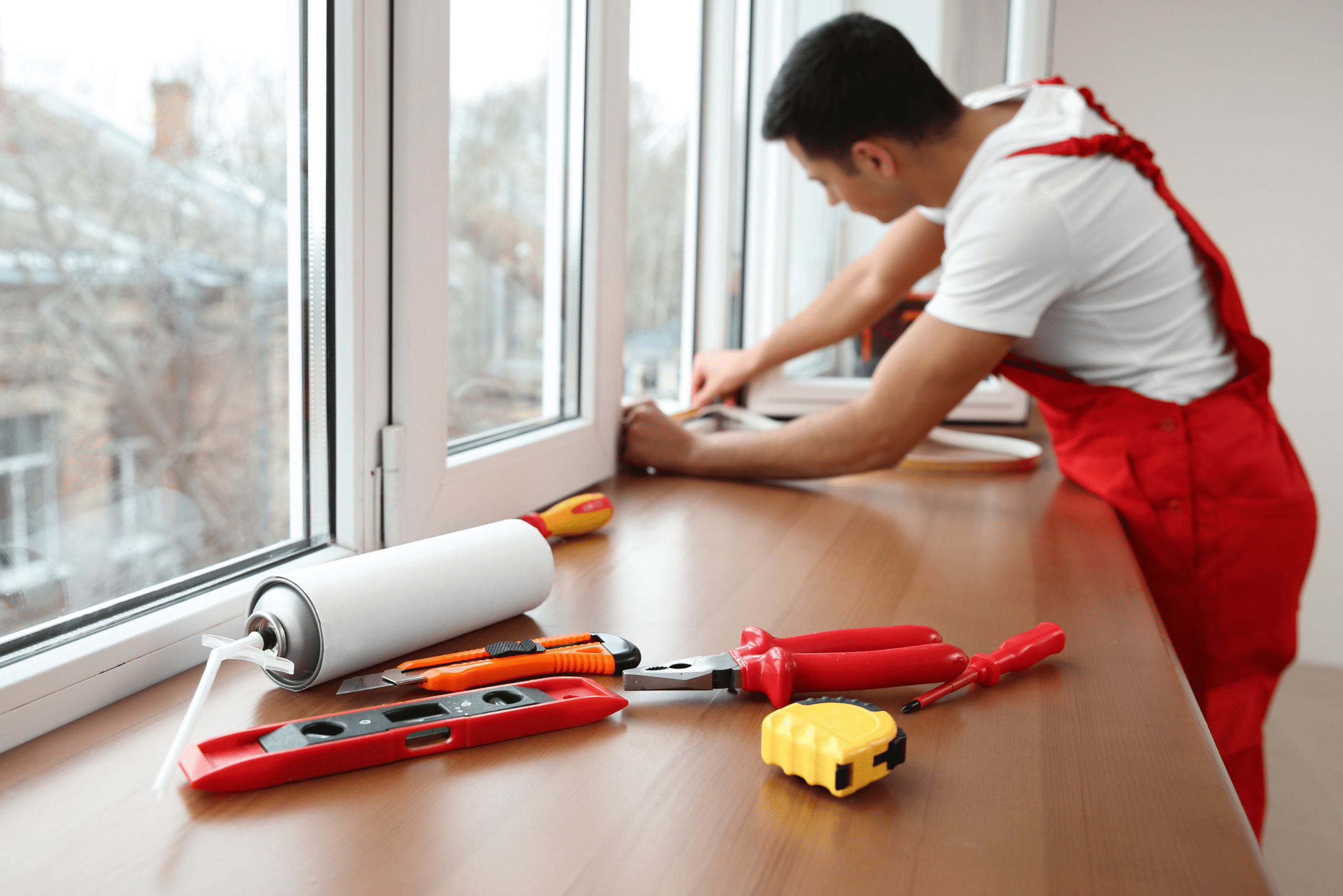 Workers resealing window fronted by an assortment of tools.