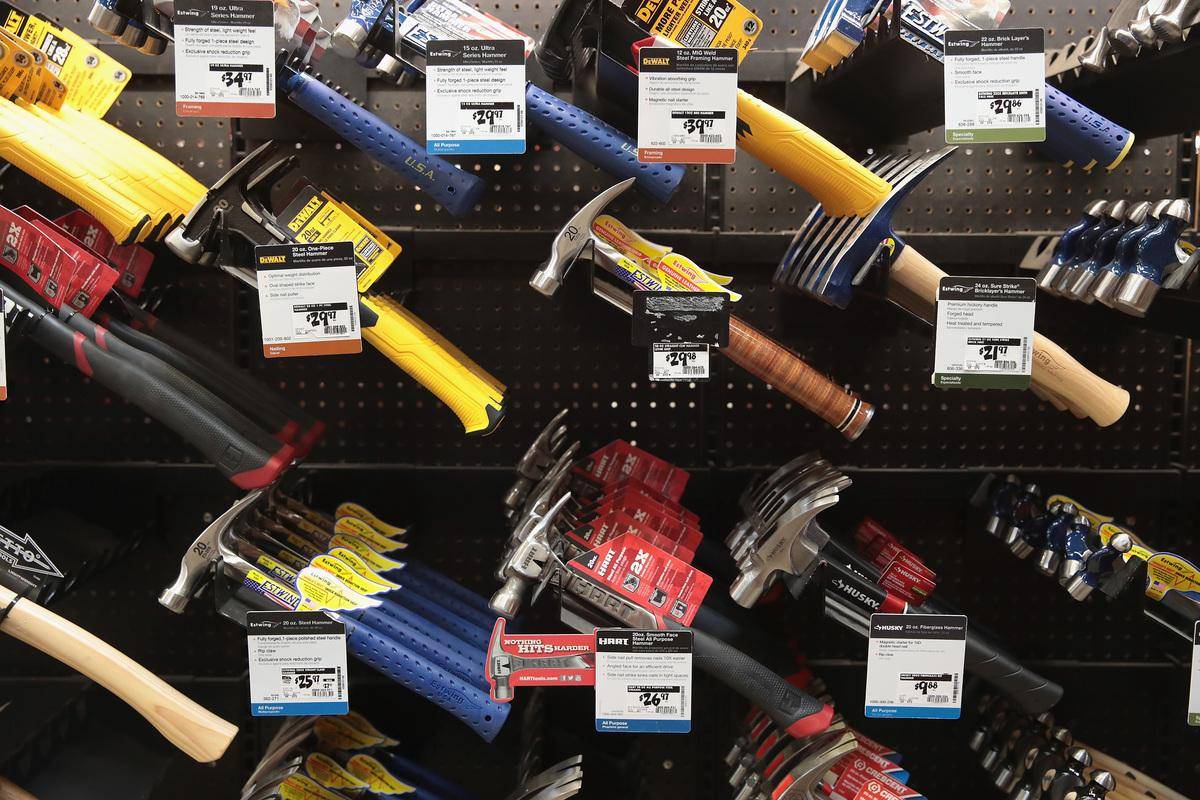 Hammers on display in a Home Depot.