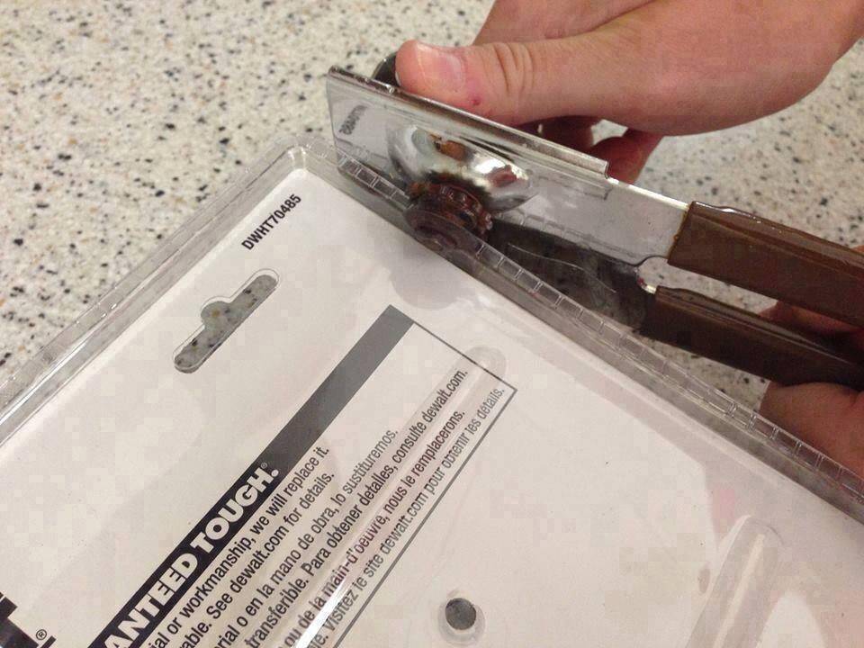 Can opener used to open a plastic package.