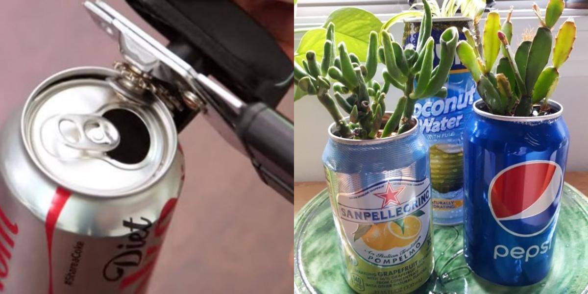 Soda cans used as planters.