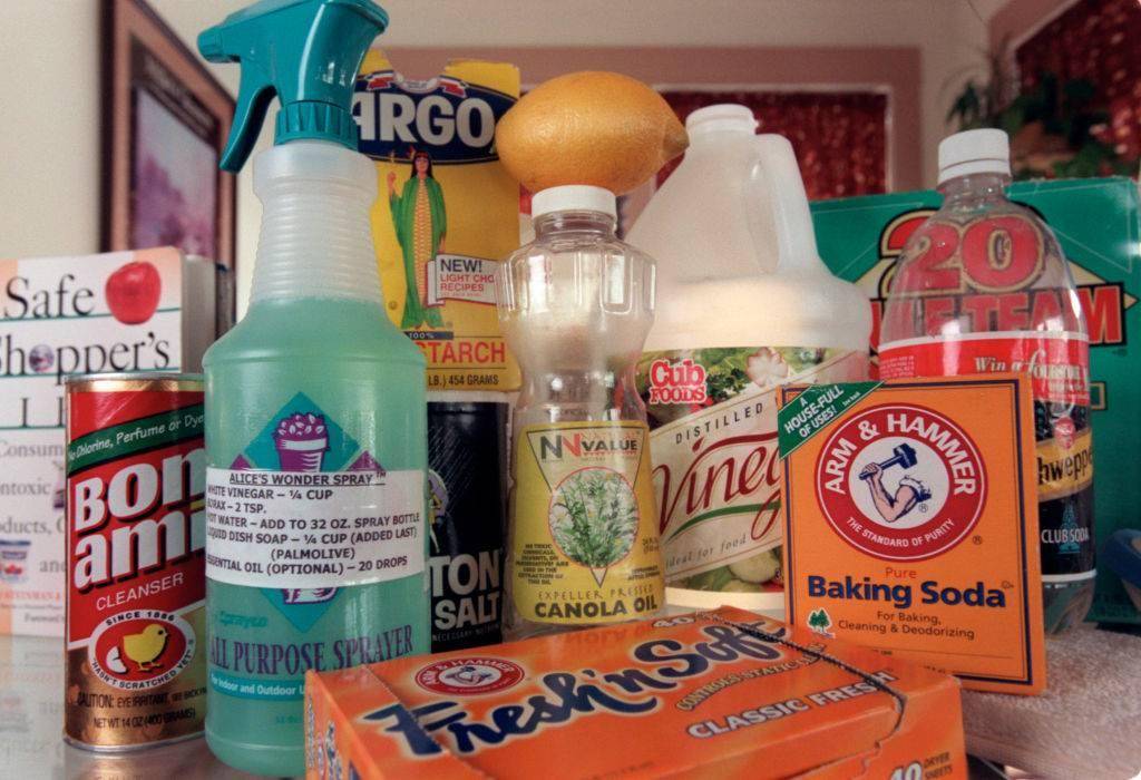 Assortment of cleaning supplies including vinegar.