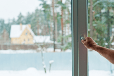 Someone's hand opening a window in winter.