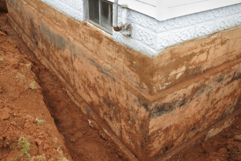 Exposed foundation of a house.