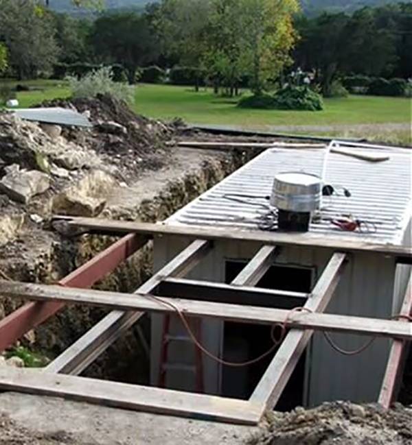 Wooden frame for bunker being built.