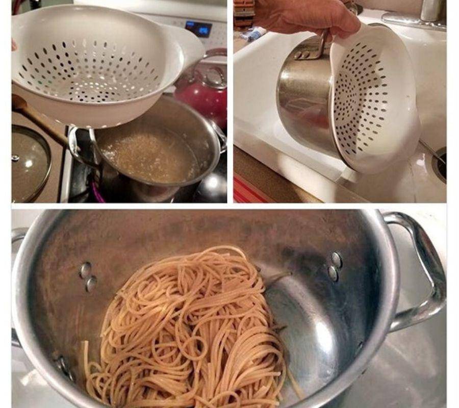 a strainer placed over the top of a pot to drain water