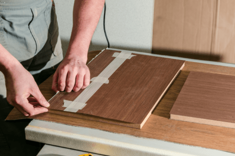 Gluing veneer panels on furniture.