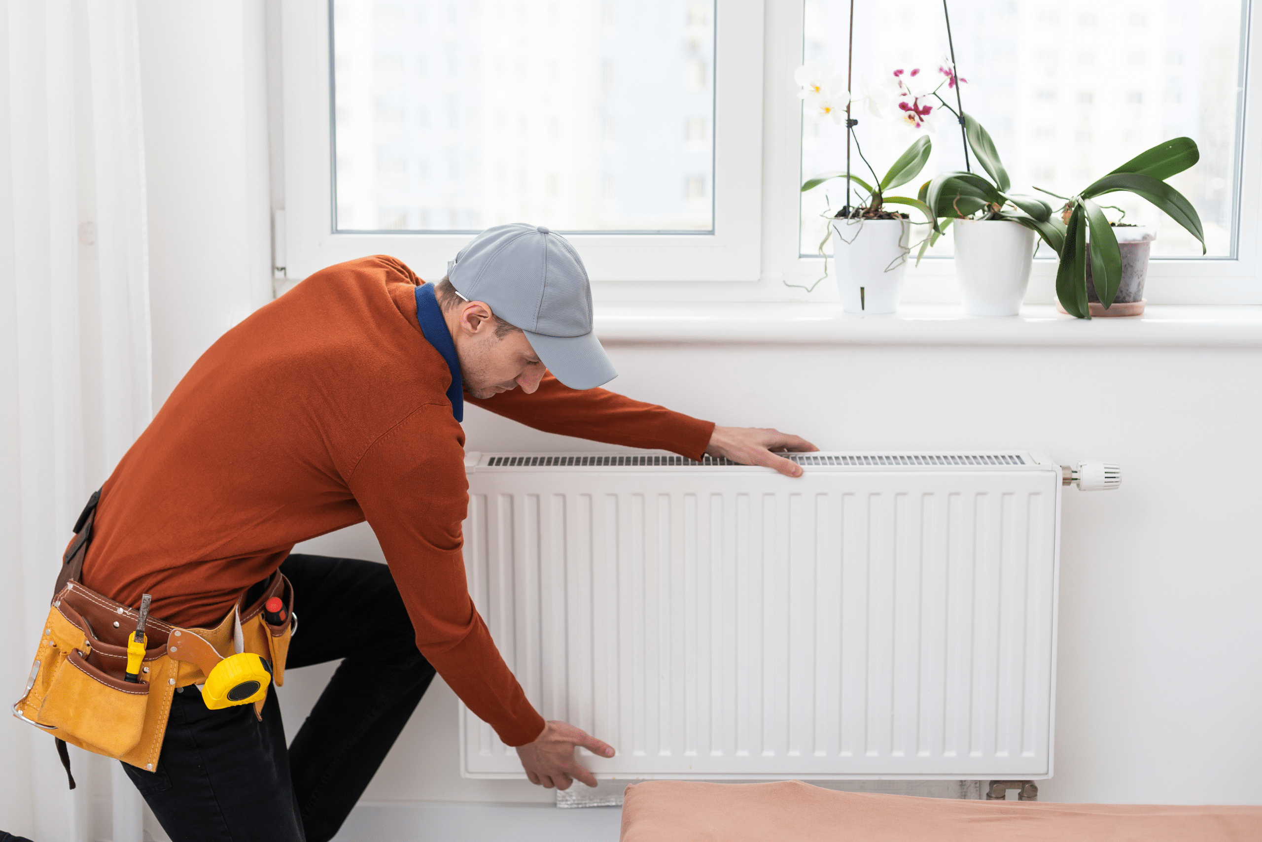 Man inspecting a heat radiator.