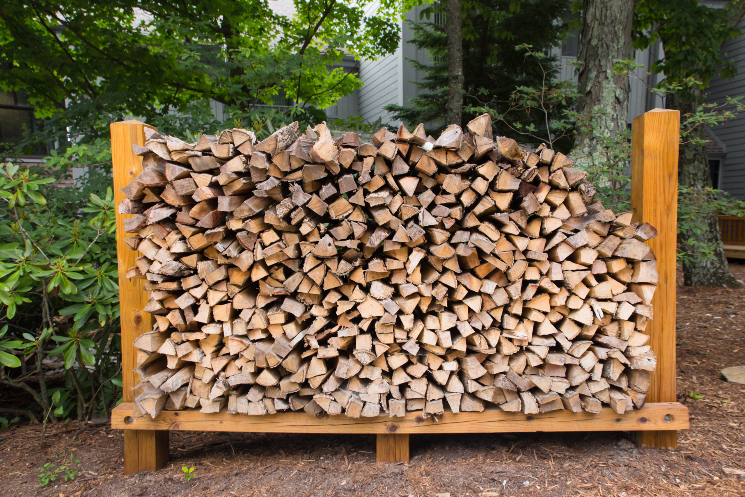 Firewood stacked on a rack.