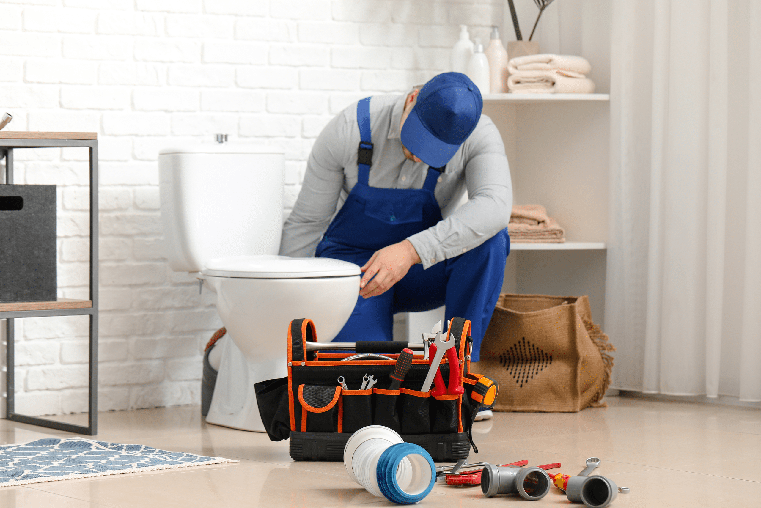 Plumber working on the toilet.