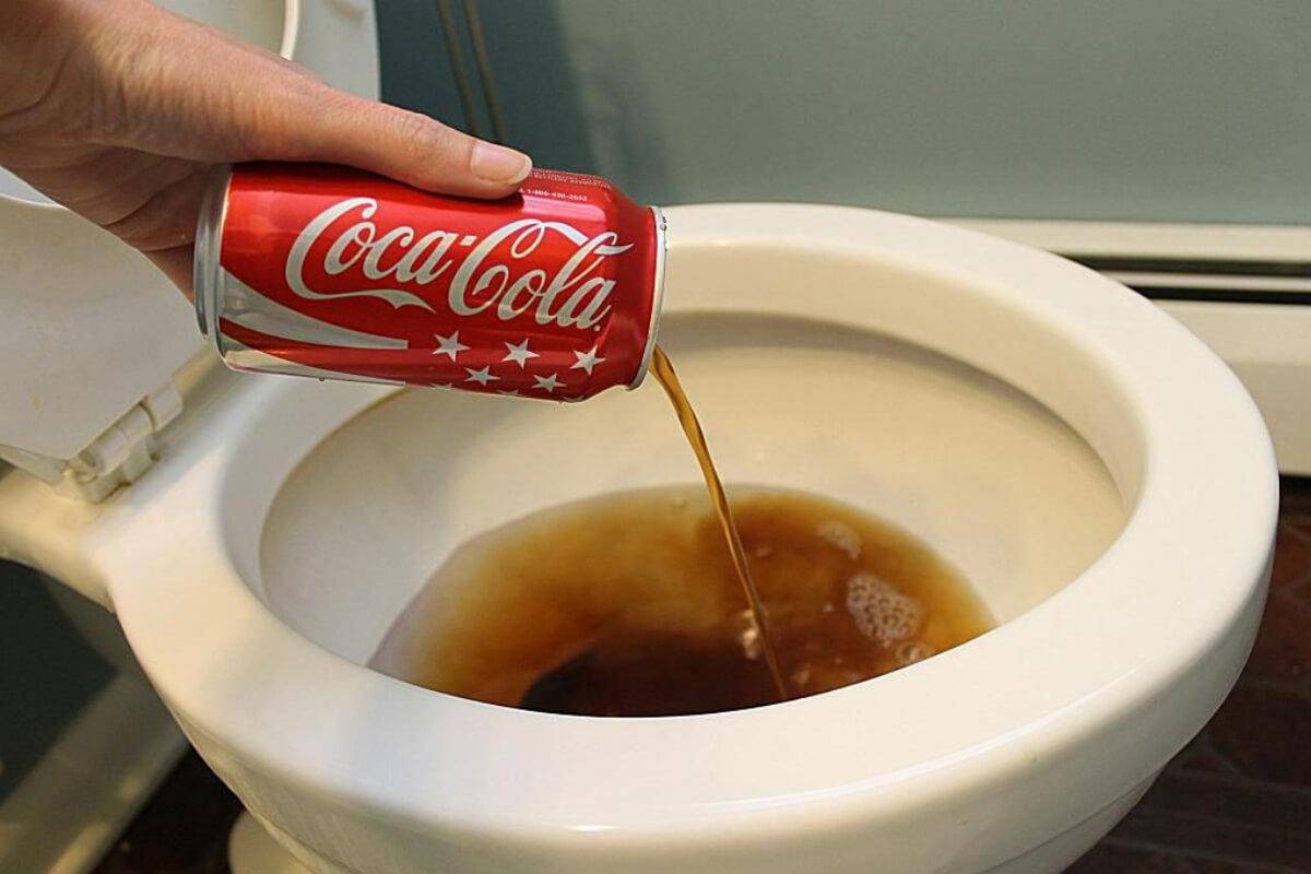 Pouring Cola Cola can into the toilet.