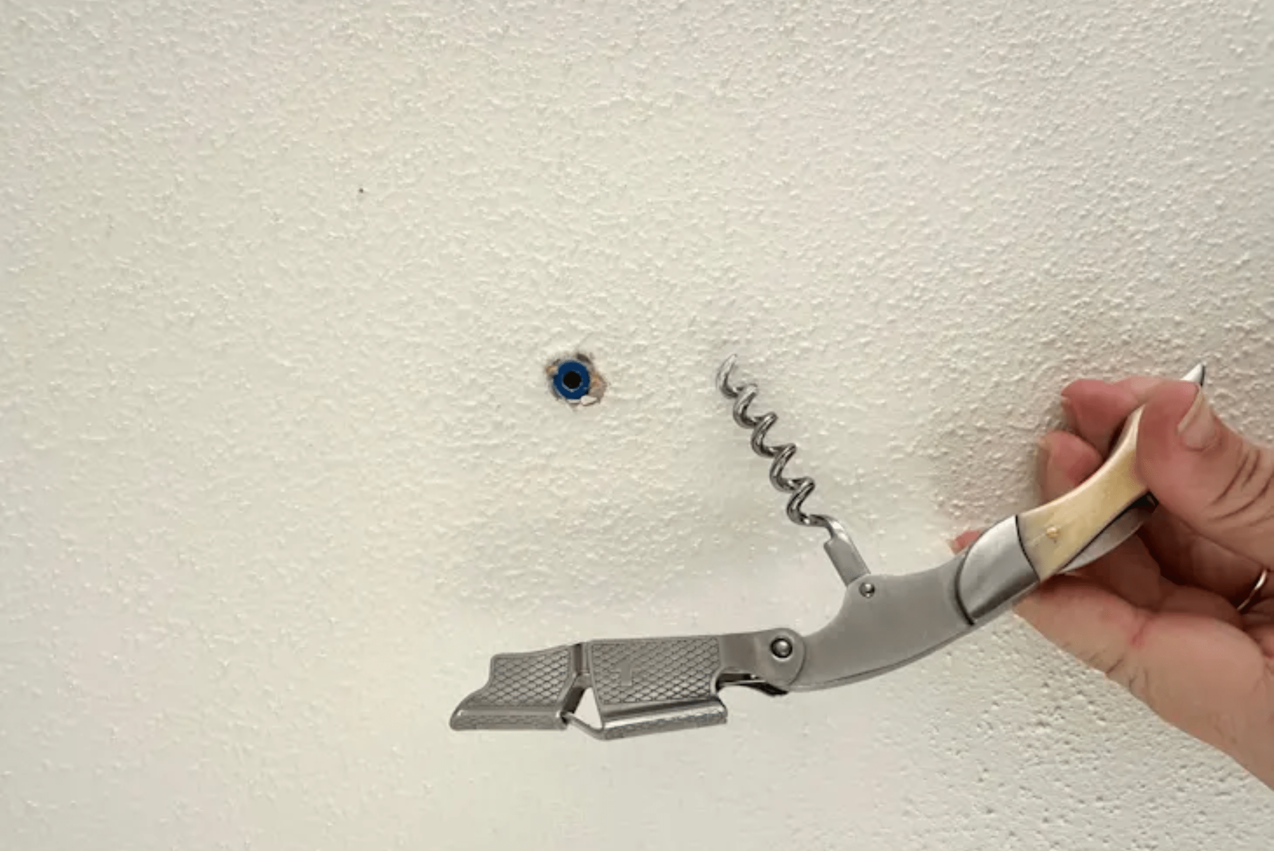 Corkscrew beside a wall anchor.