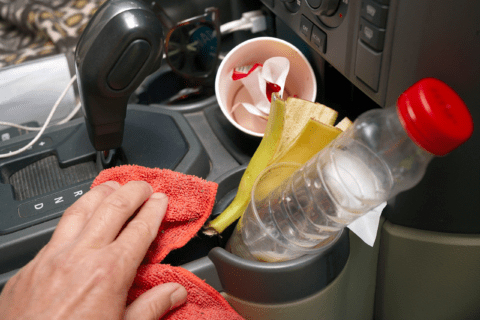 Trash in the cupholders of a car's interior.