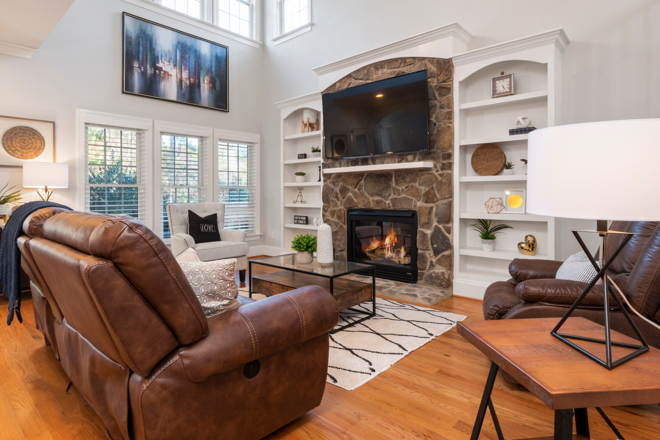 Living room with a gas fireplace.