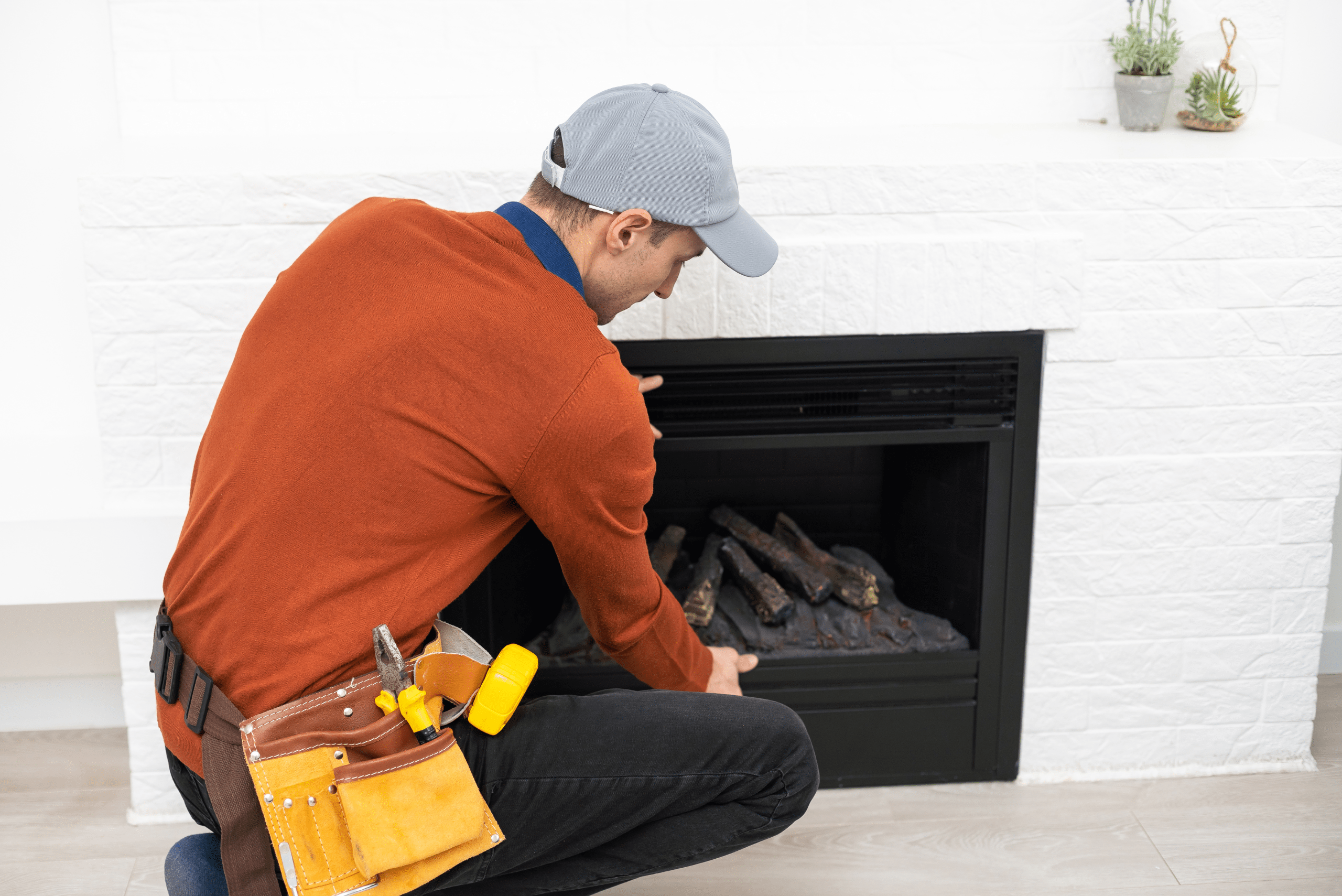 Worker fixing a gas fireplace.