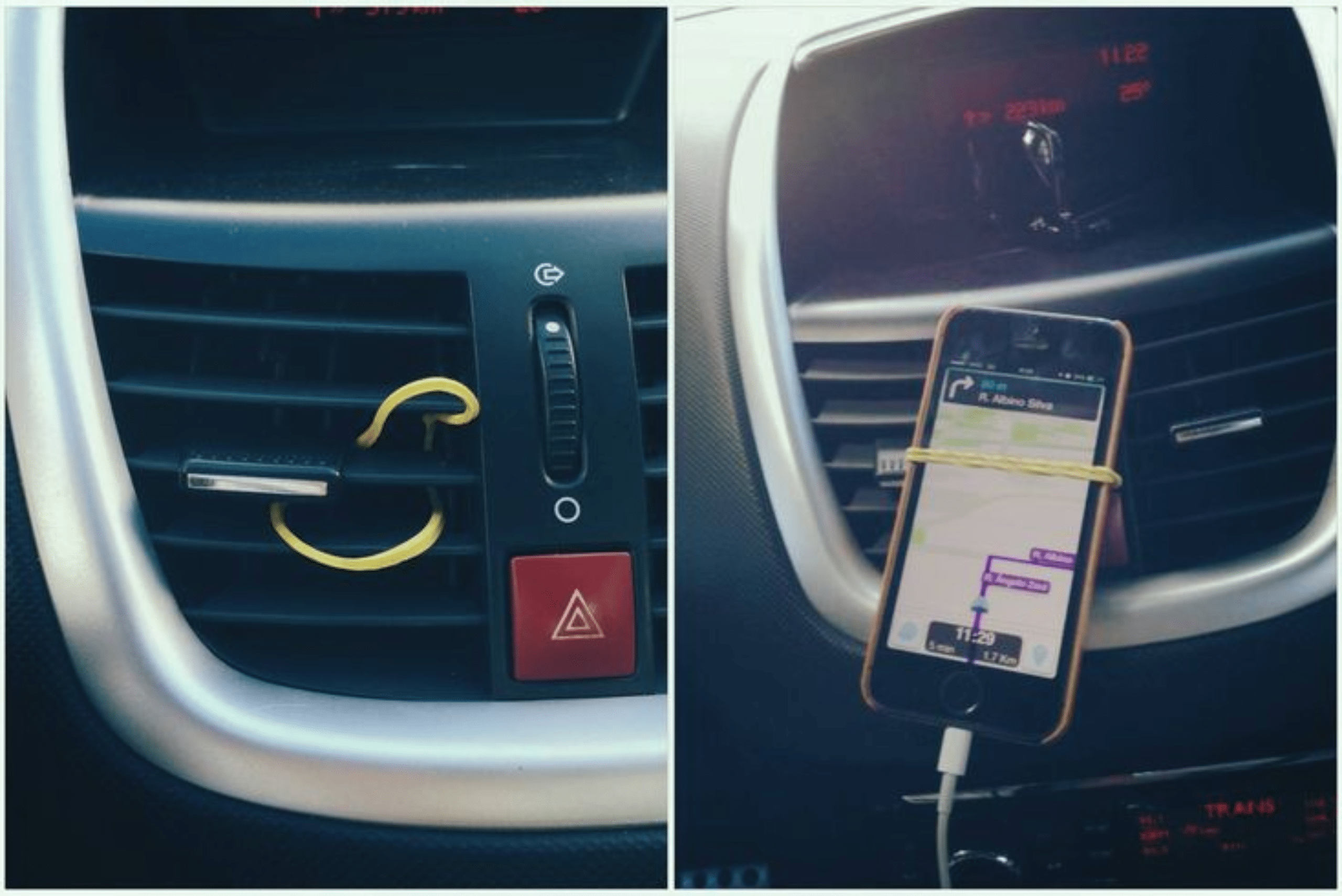 Using rubber band in car's vent to mount smartphone.