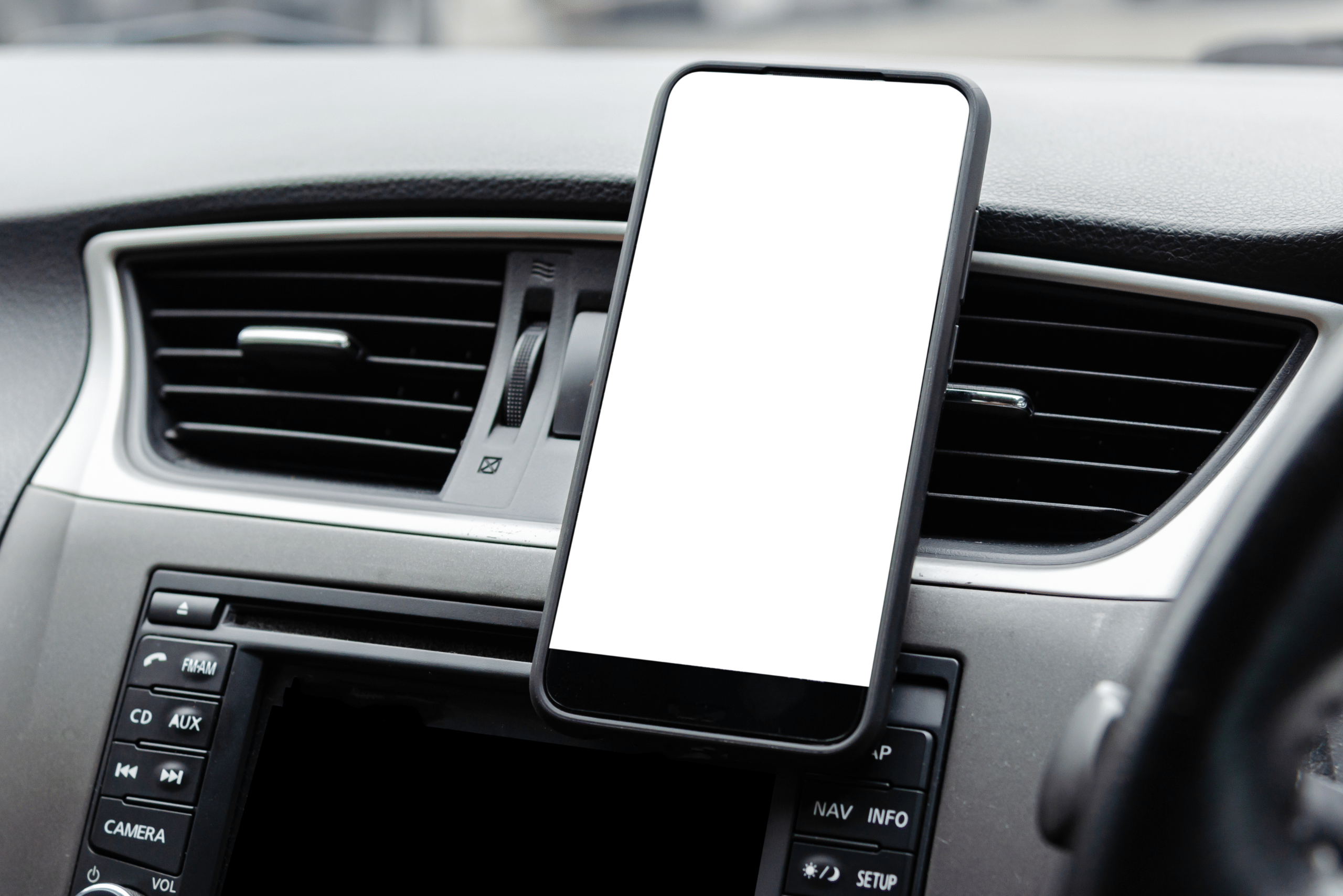 Phone mounted in a car.