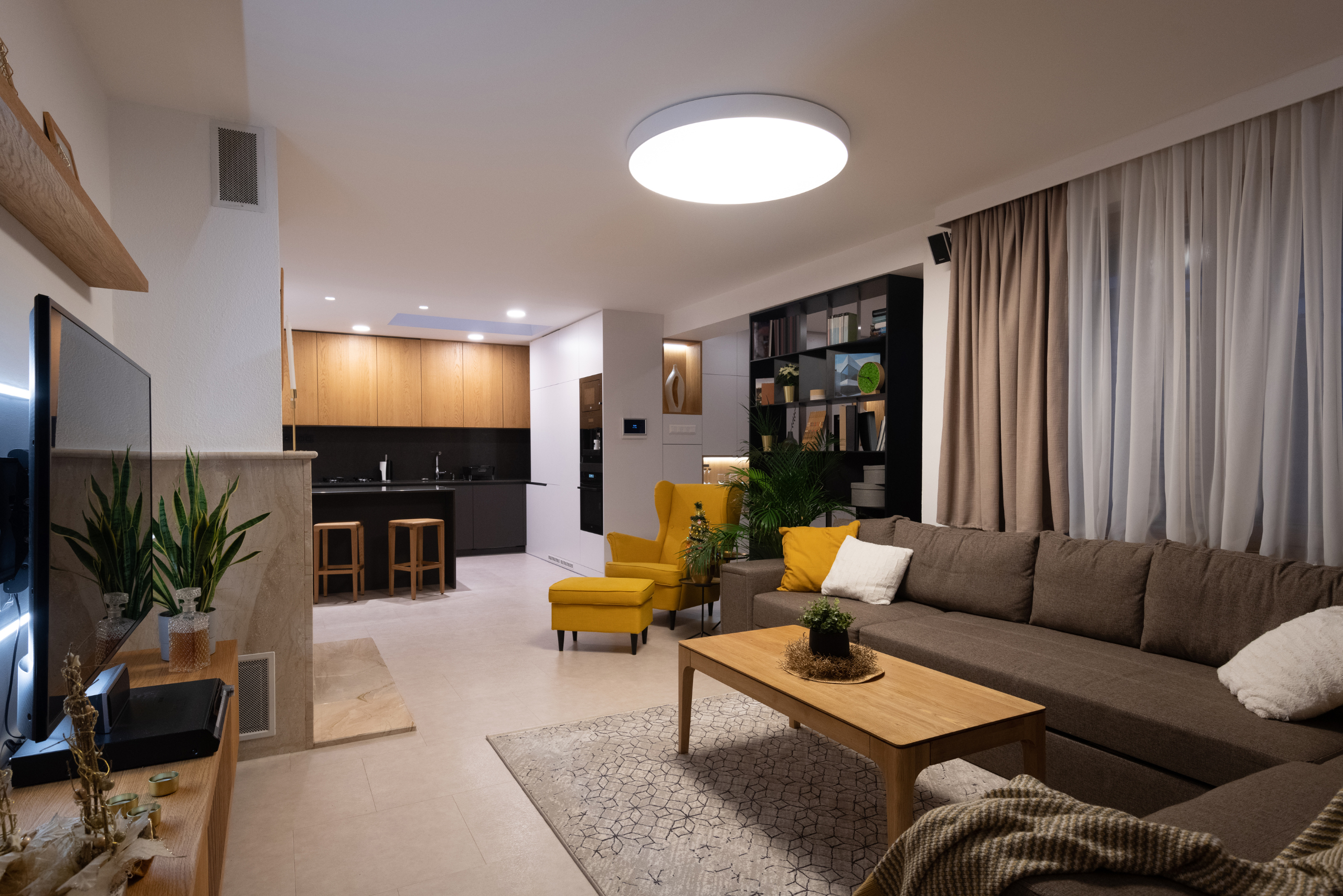 Living room with wooden furniture.