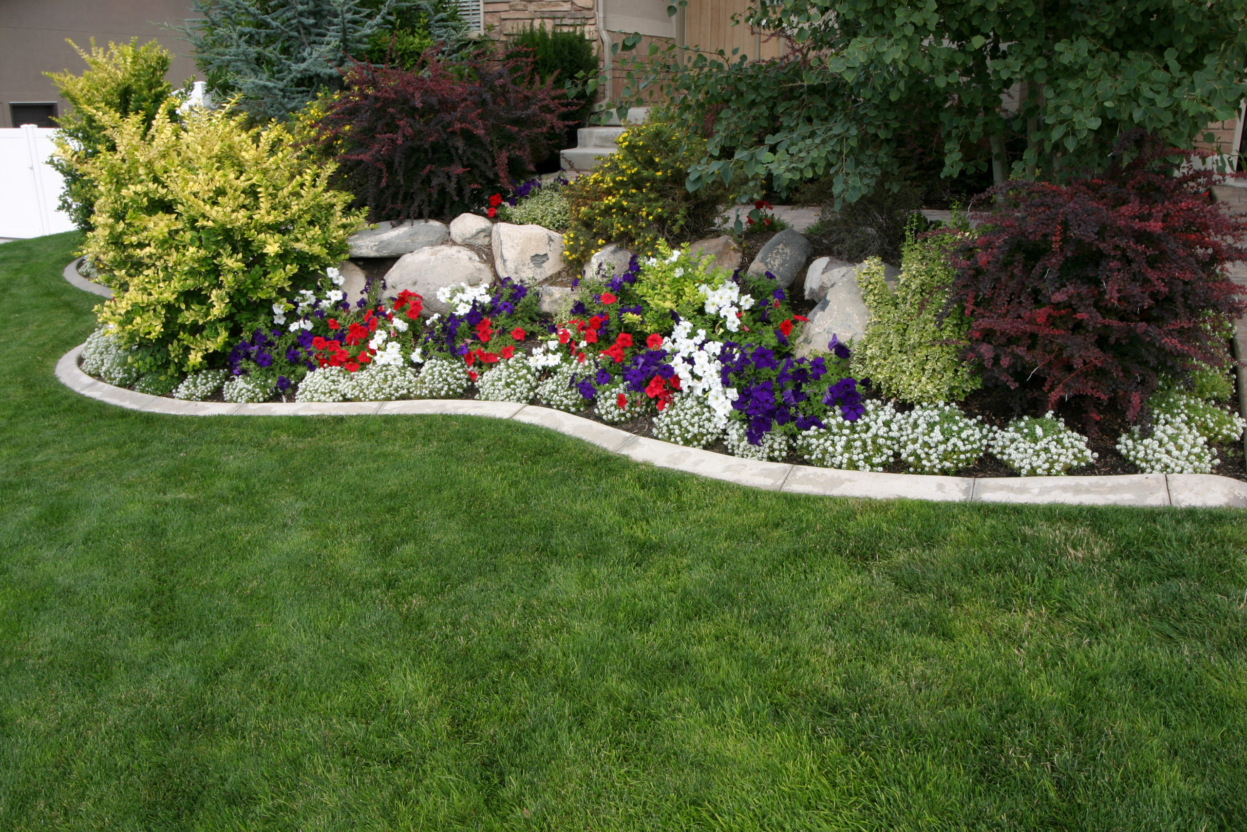 Grass and flowers in the front of a house.