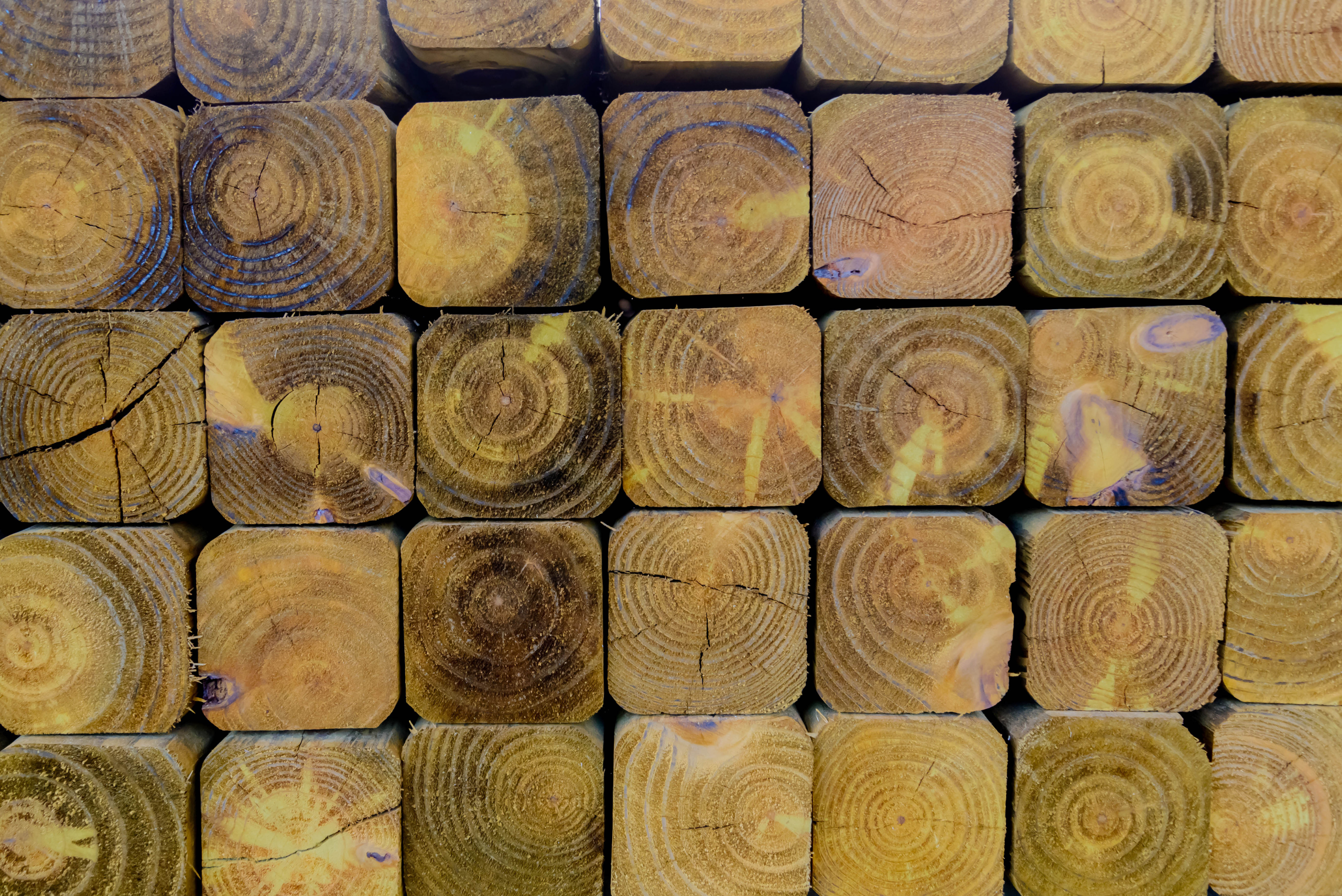 Stack of treated 4x4 wood posts.