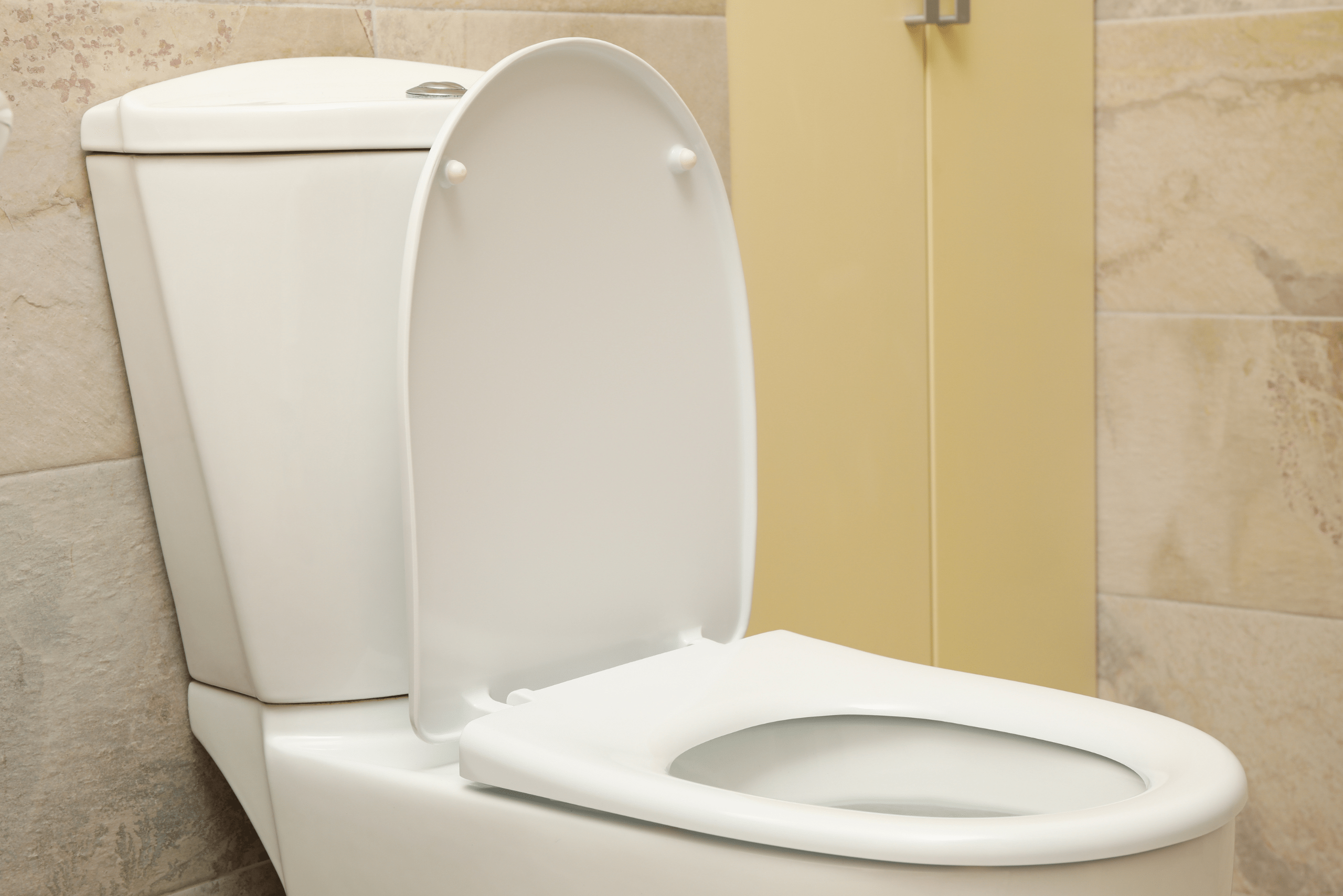 White toilet in a bathroom.