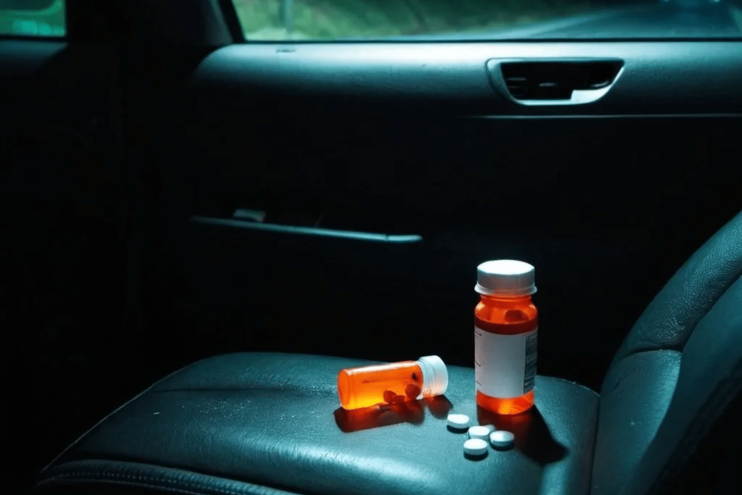 Medicine bottle in a car on the seat.