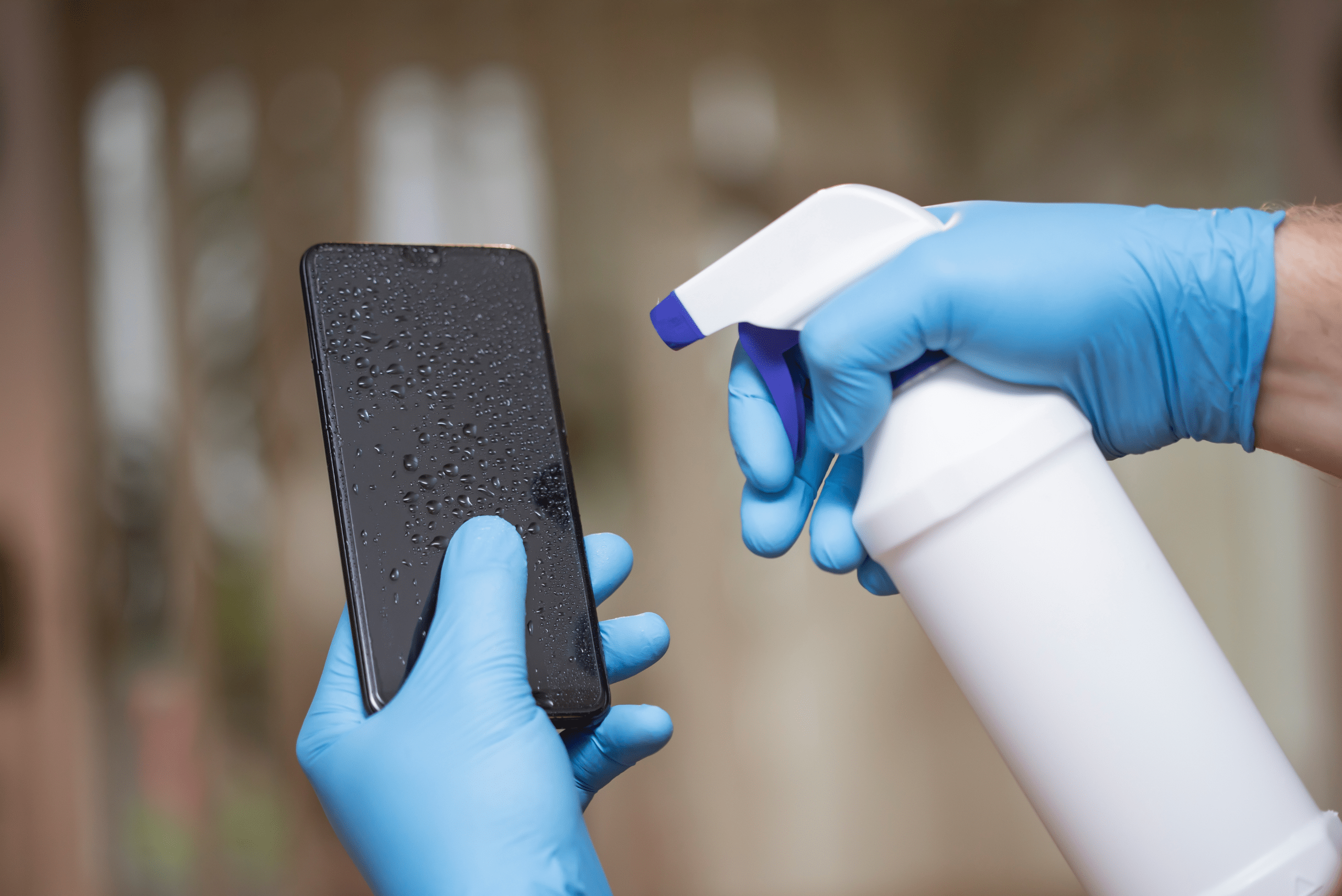 Spraying product heavily on a smartphone screen.