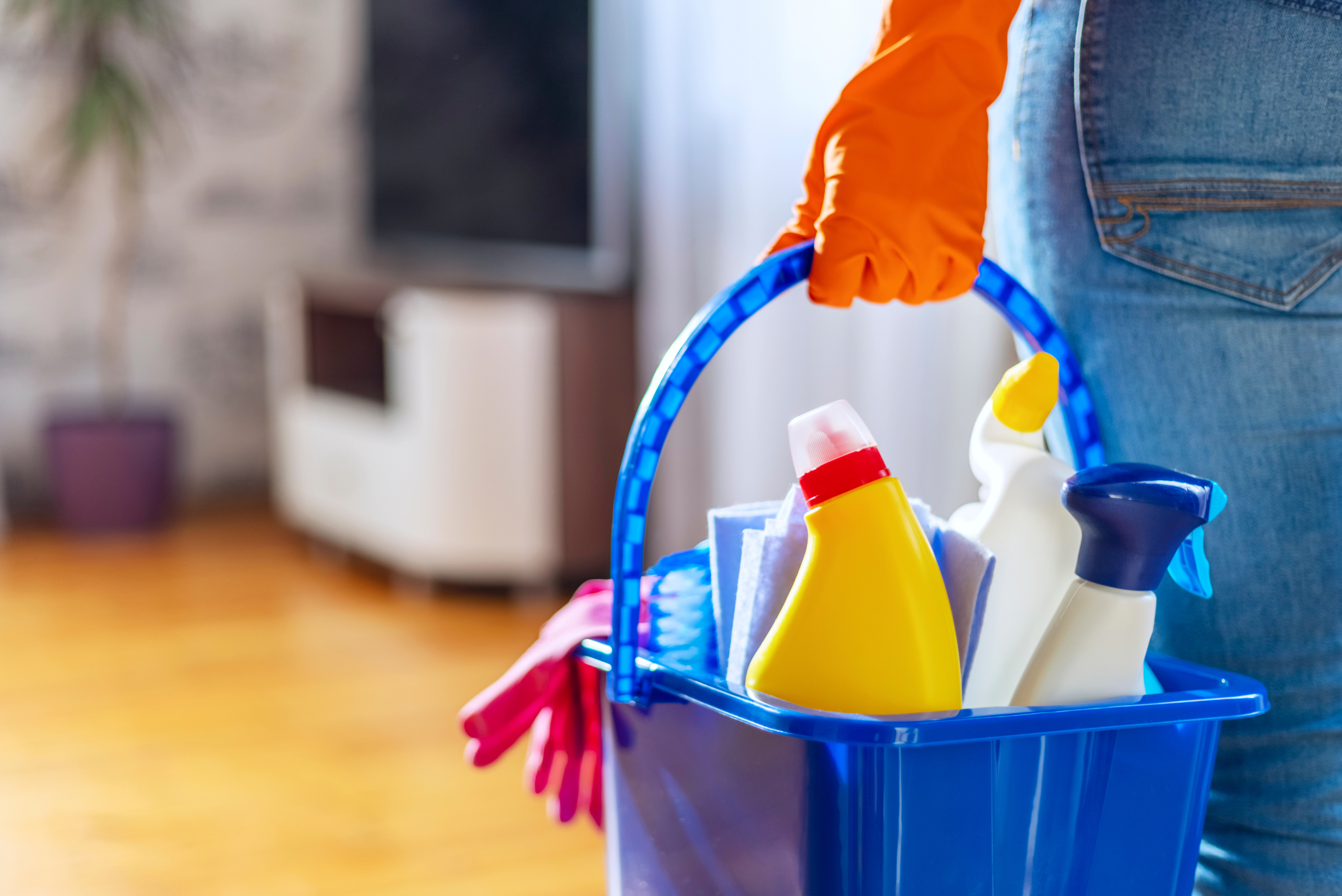 Person holding a blue bucket full of cleaning supplies.