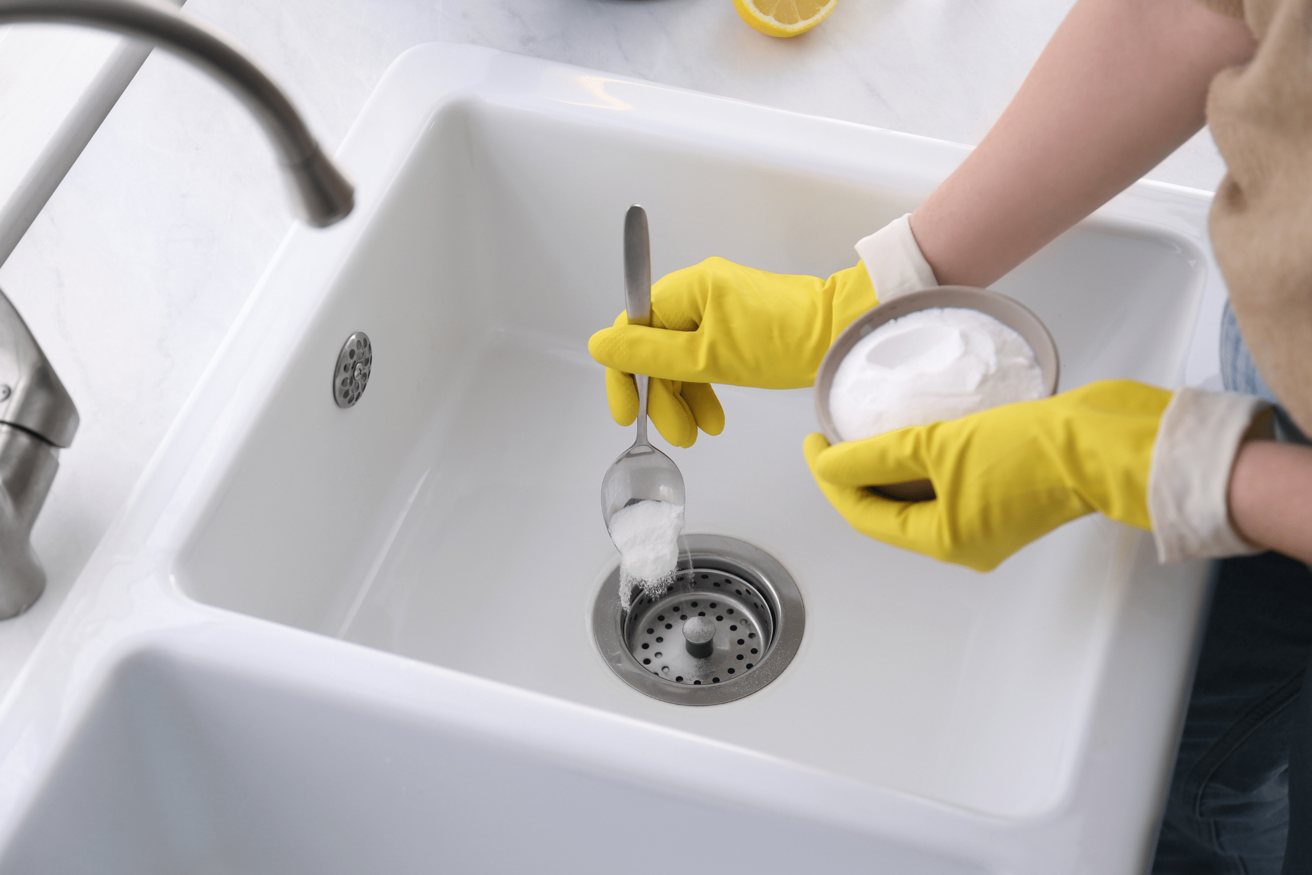 Pouring baking soda down the sink.