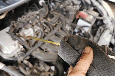 Checking oil on the engine of a vehicle.