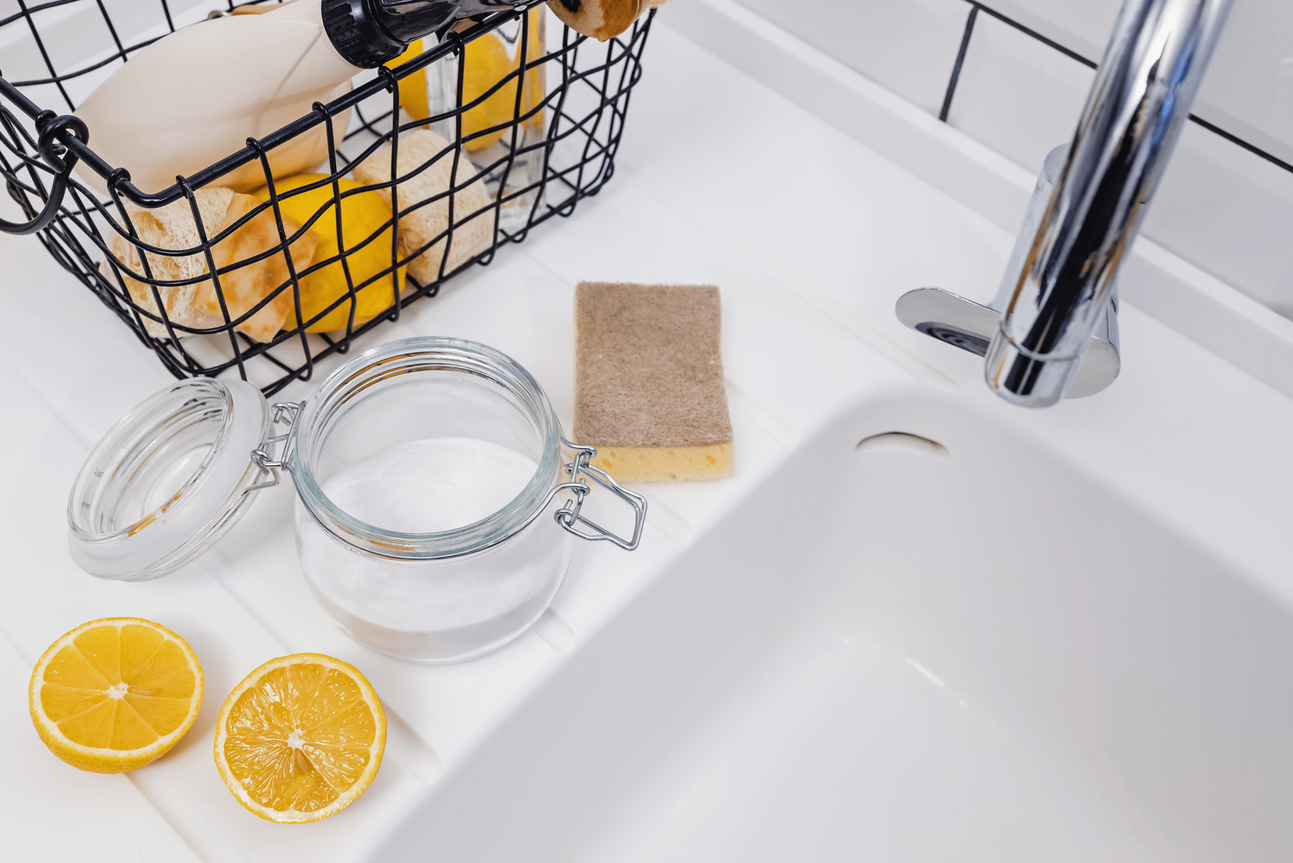 Sink with lemon wedges on the counter.