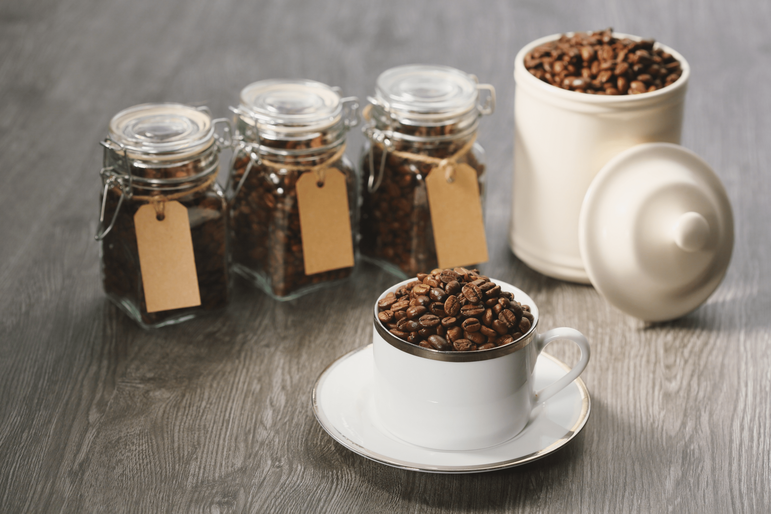 Coffee beans in glass jars.