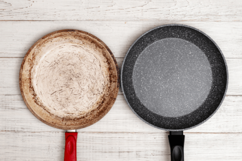 Old and new nonstick pans.