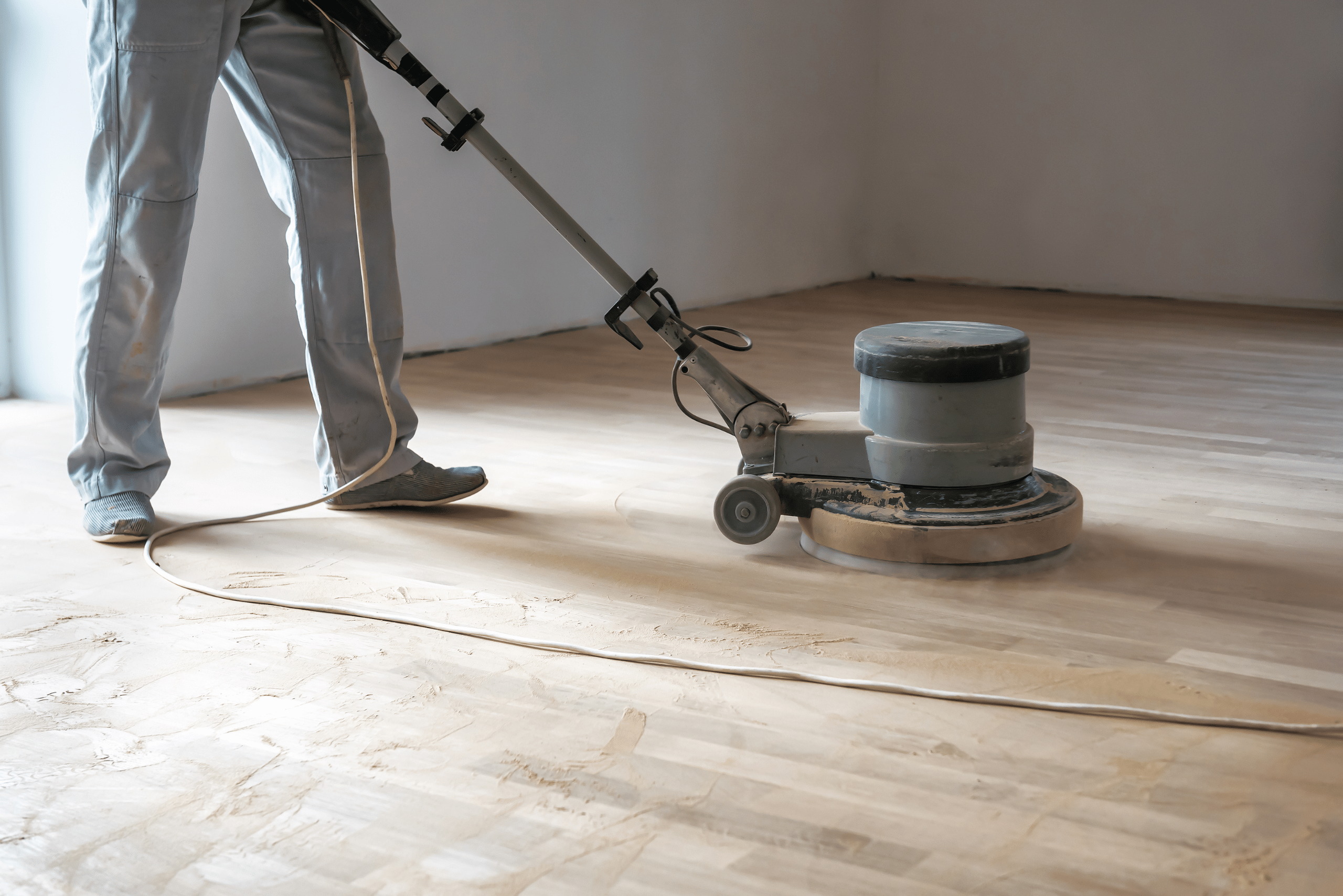 Refinishing hardwood floor with sander.