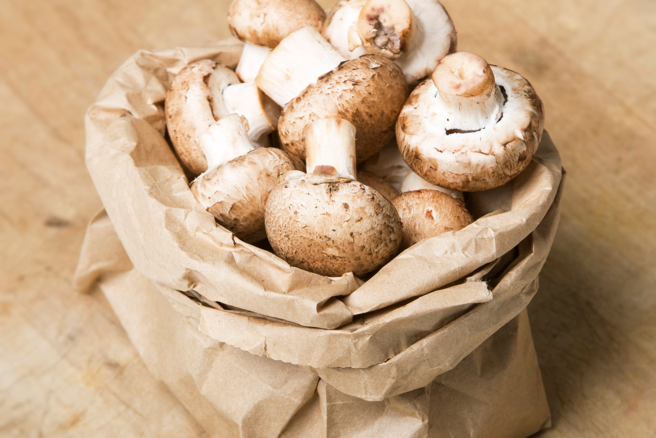 Mushrooms in a paper bag.