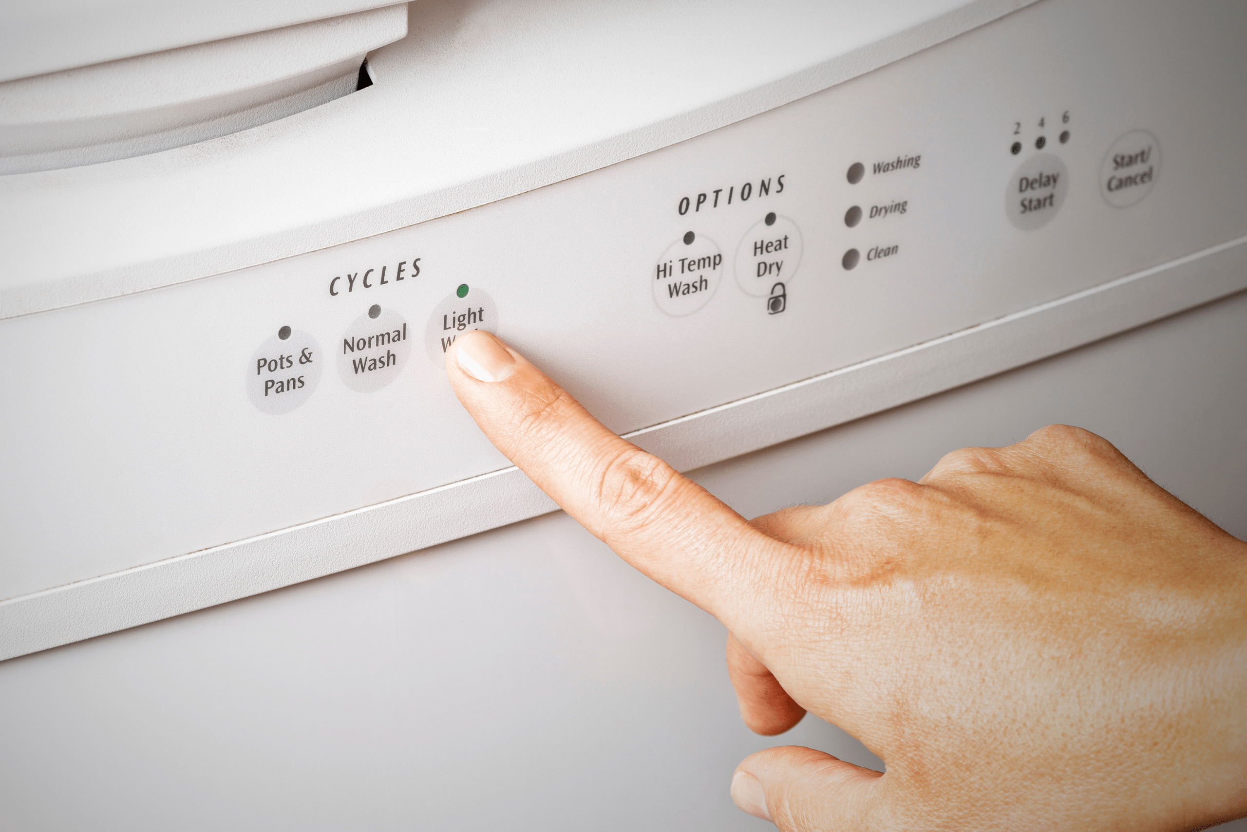 Pressing a dishwasher wash cycle button.