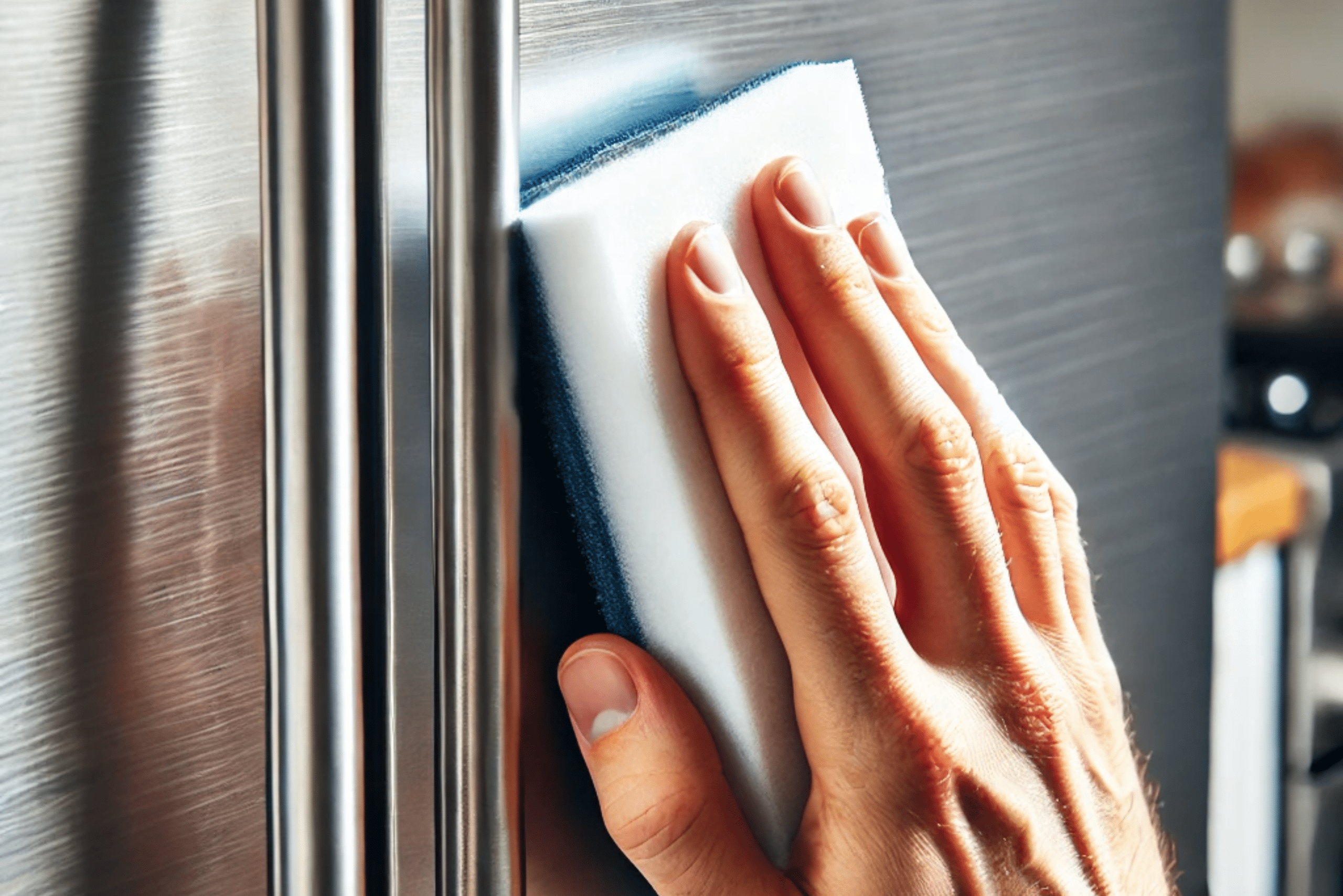 Someone's hand using a magic eraser on stainless steel fridge.