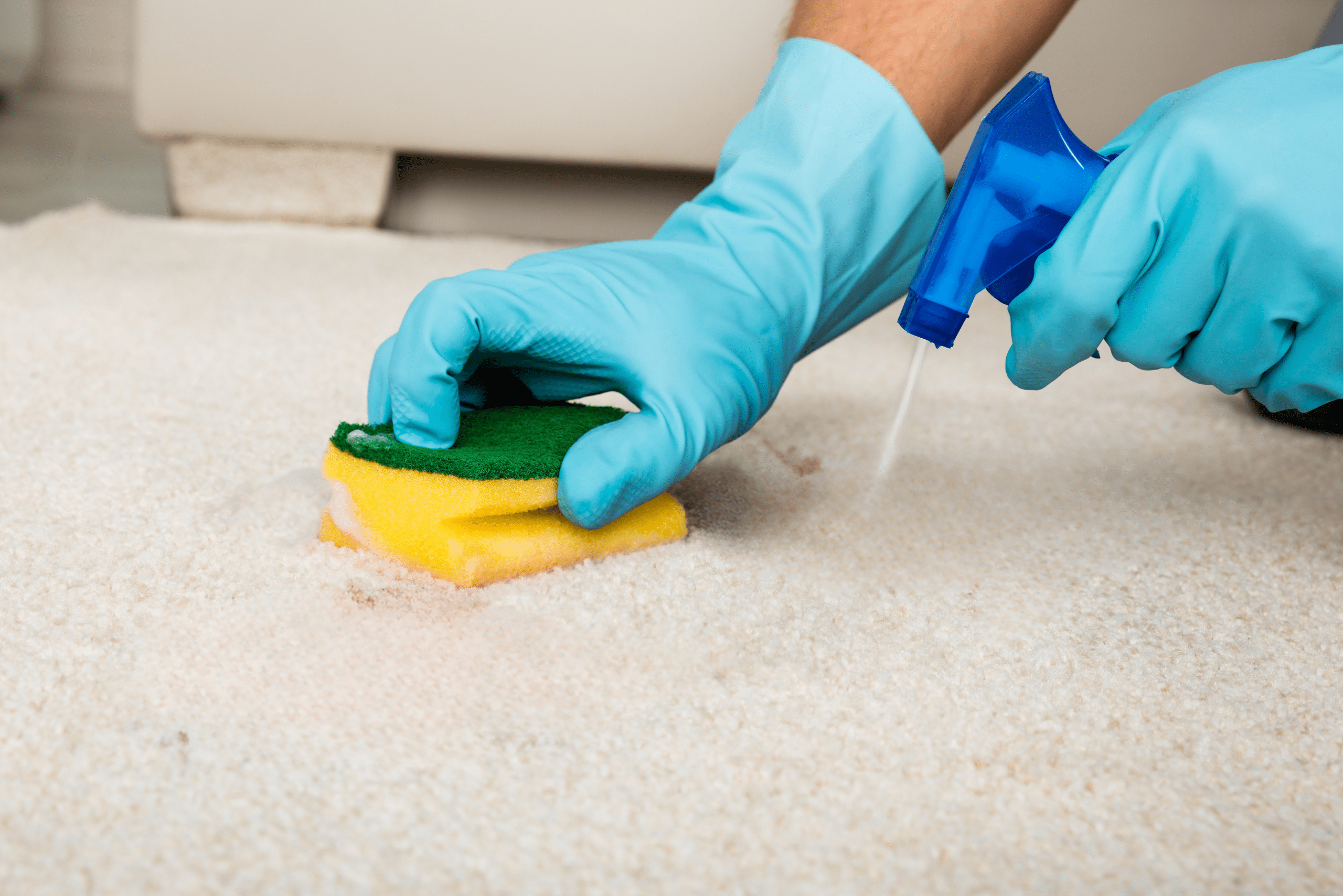 Scrubbing carpet with sponge.